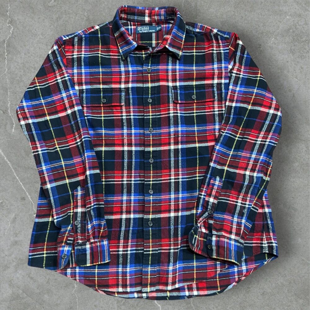 Polo Ralph Lauren Vintage Dual Pocket Plaid Flannel Black Red Blue Men's Size XL